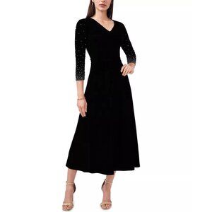 NEW MSK Womens Medium Black Style Setter Midi Dress With Rhinestone Sleeves